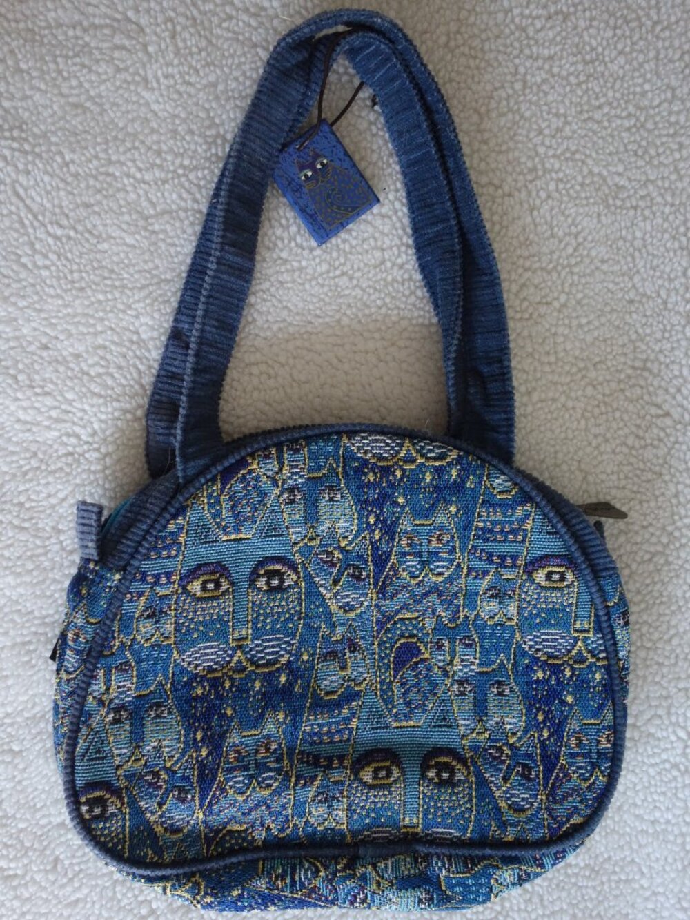 Vntg LAUREL BURCH Blue Tapestry Cat Purse w/ corduroy trim
